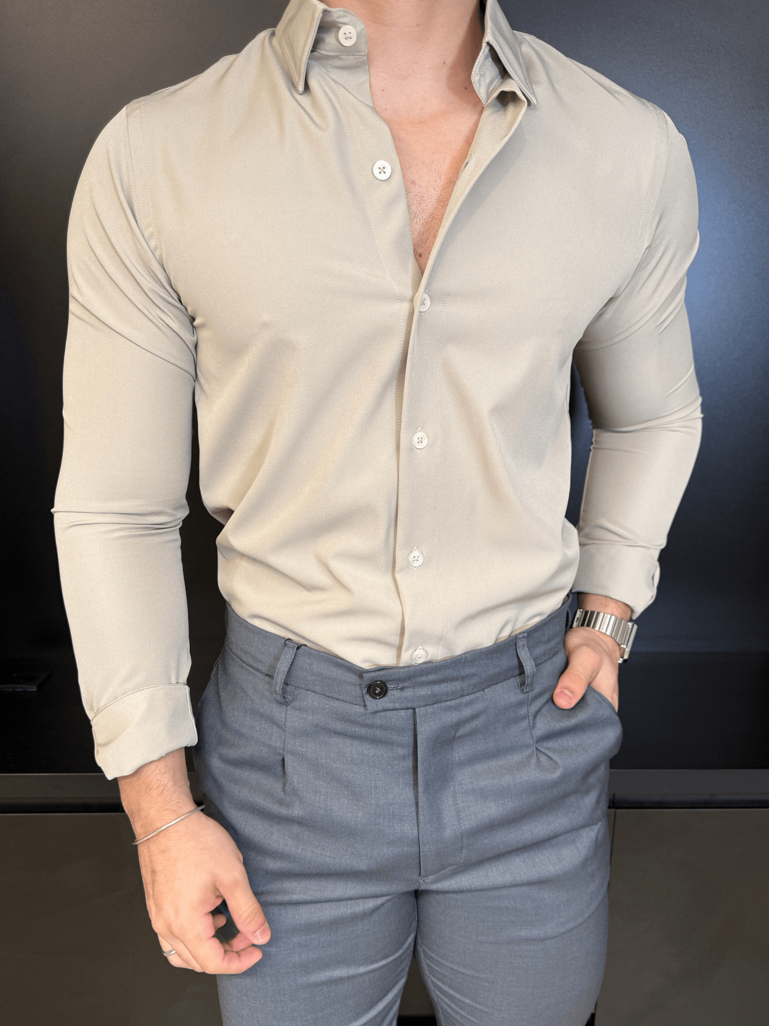 CAMISA ML TECH AZUL BEGE