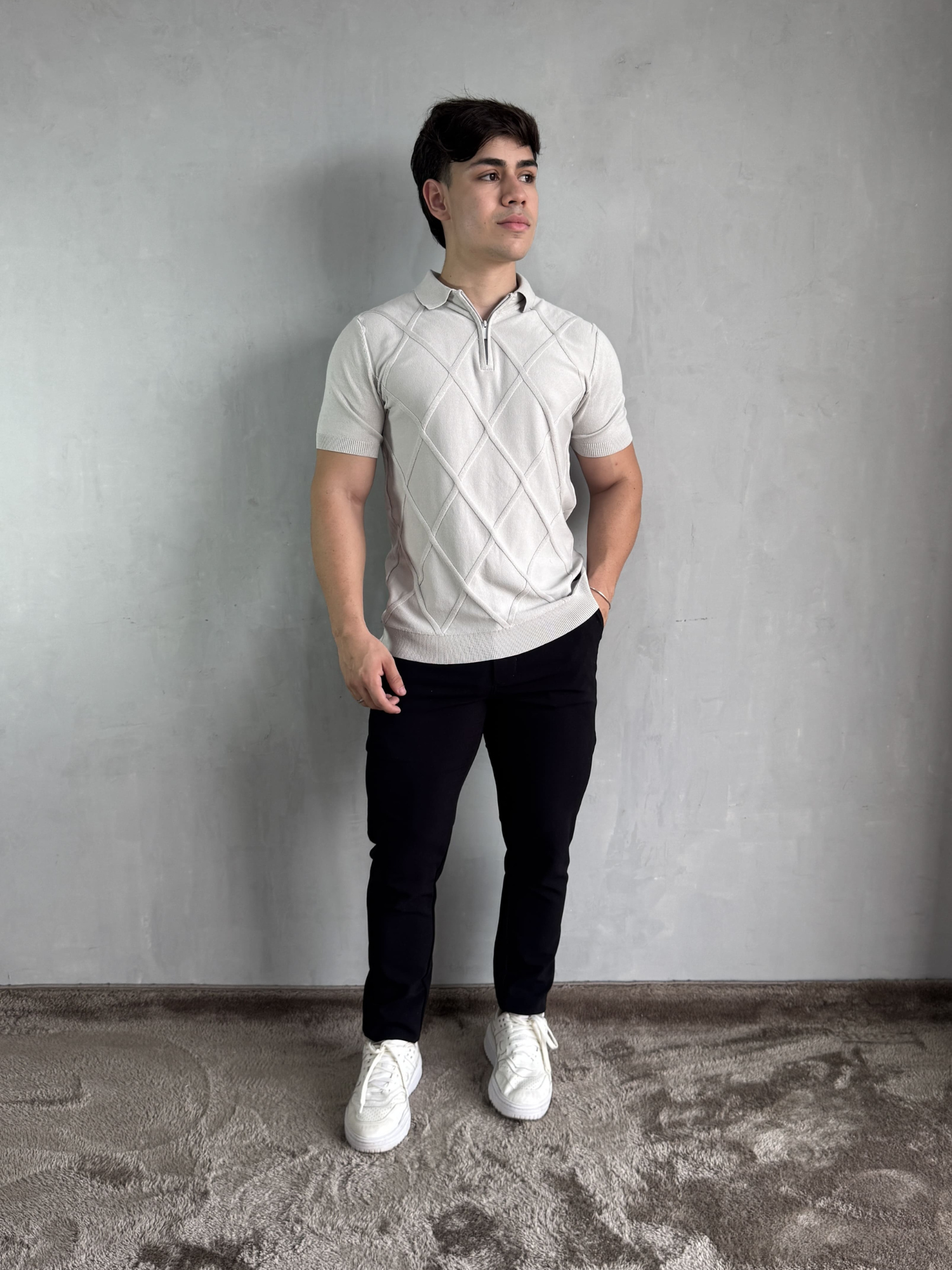 POLO TRICOT TEXTURIZADA CINZA